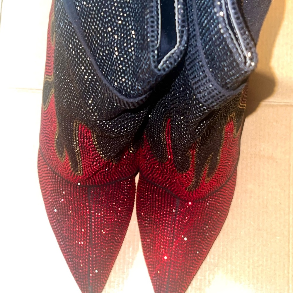 SHEIN Red and Black Rhinestone Flame Pointed Toe Heeled Slouch Boots